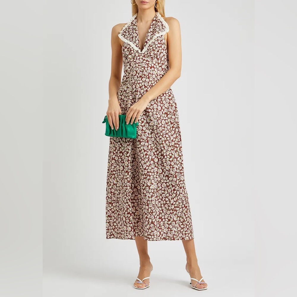 RIXO Floral Print Halter Dress with Cream Daisies